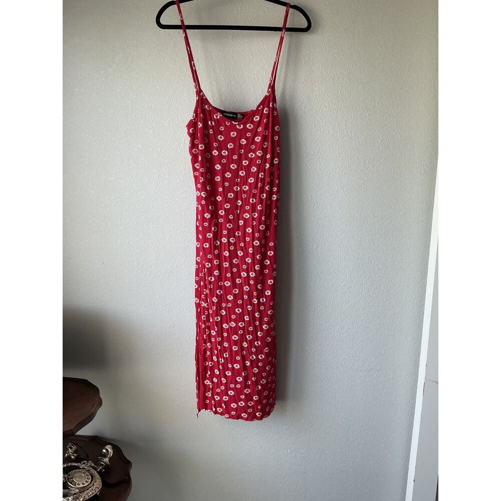PrettyLittleThing Red Daisy Floral Midi Dress Size US 8 UK 12 Slip Side Slits